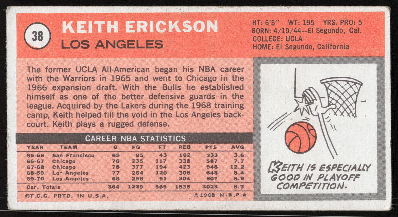 Keith Erickson Autographed 1970-71 Topps Card #38 Los Angeles Lakers SKU #264157