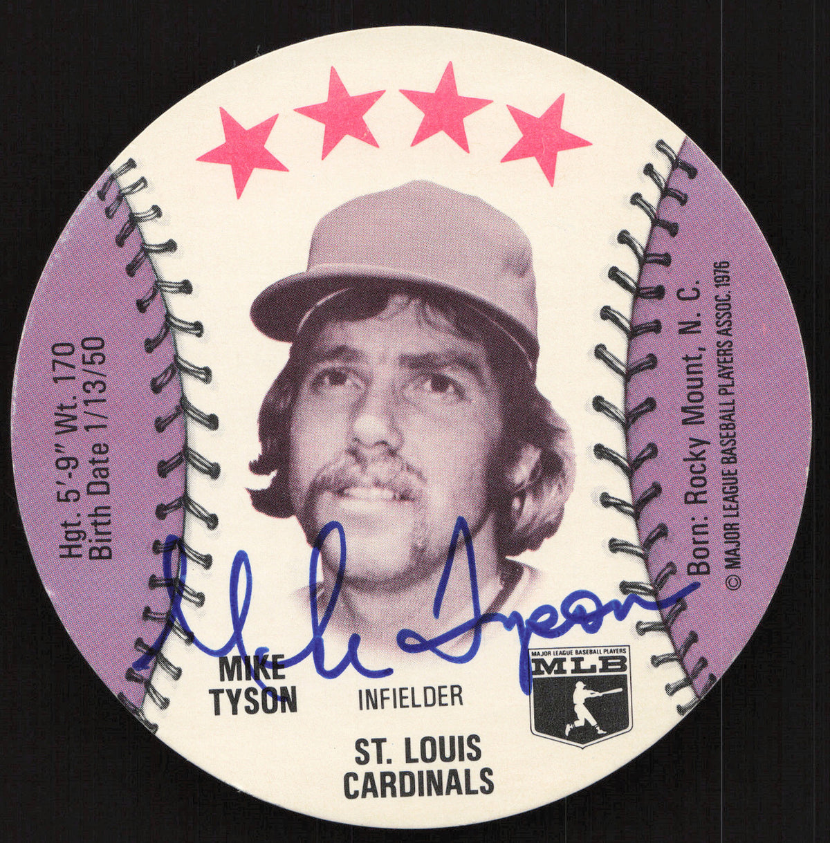 Mike Tyson Autographed 1976 MSA Orbaker's Ice Cream Card St. Louis Cardinals SKU #264320