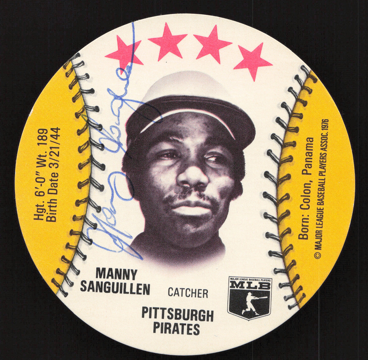 Manny Sanguillen Autographed 1976 MSA Orbaker's Ice Cream Card Pittsburgh Pirates SKU #264321