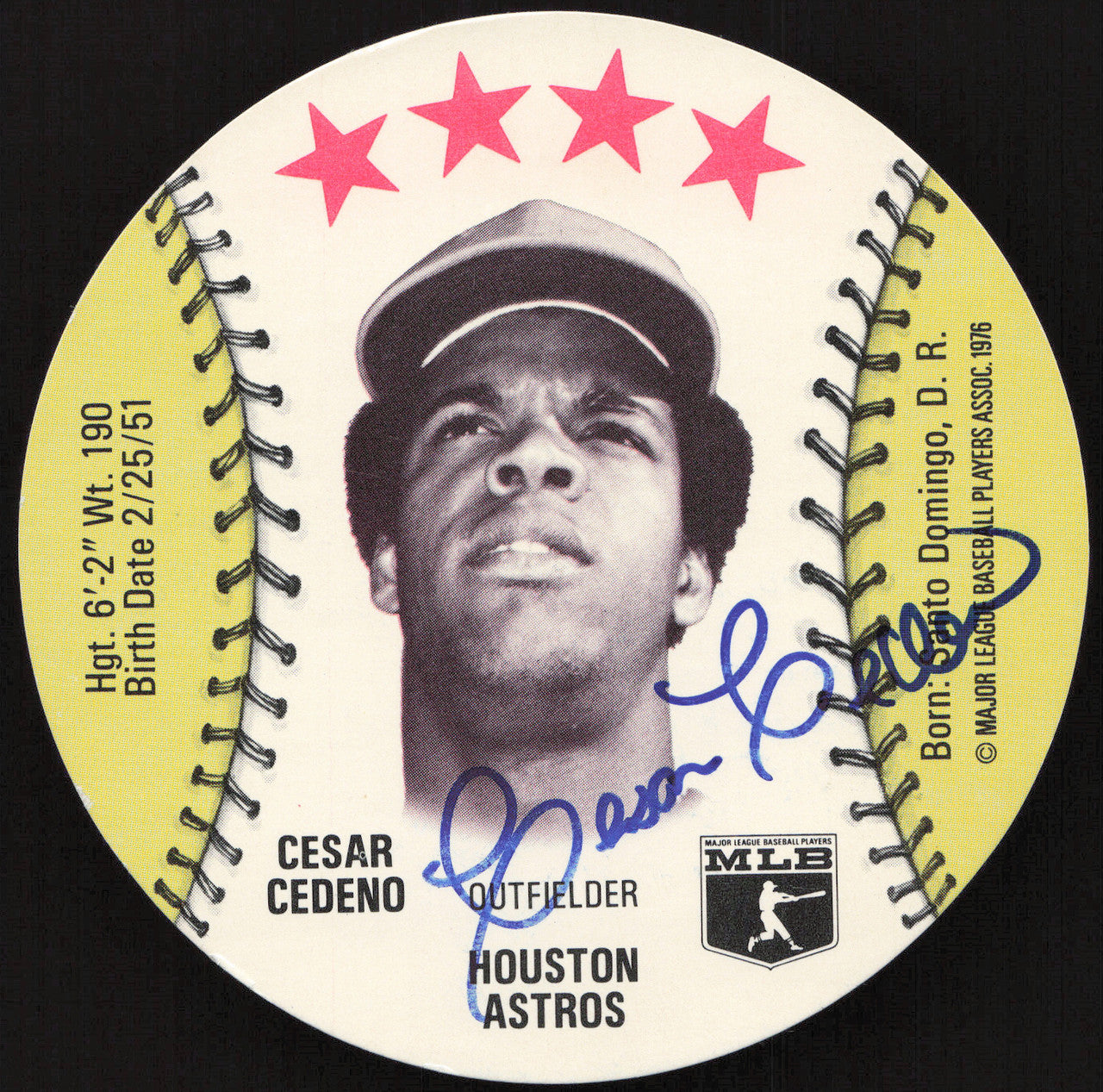 Cesar Cedeno Autographed 1976 MSA Orbaker's Ice Cream Card Houston Astros SKU #264333