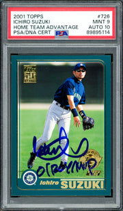 Ichiro Suzuki Autographed 2001 Topps Home Team Advantage Rookie Card #726 Seattle Mariners PSA 9 Auto Grade Gem Mint 10 "01 ROY/MVP" (Highest Graded) PSA/DNA #89895114
