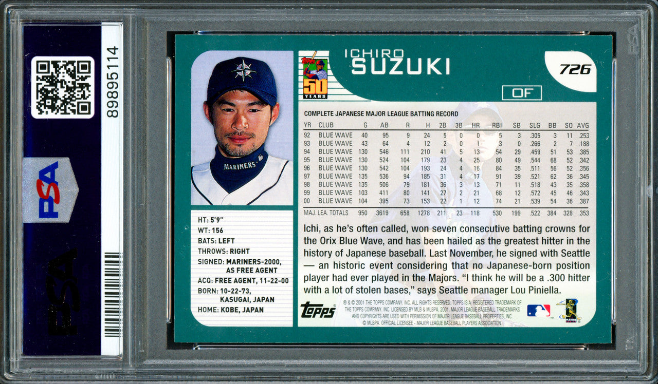Ichiro Suzuki Autographed 2001 Topps Home Team Advantage Rookie Card #726 Seattle Mariners PSA 9 Auto Grade Gem Mint 10 "01 ROY/MVP" (Highest Graded) PSA/DNA #89895114