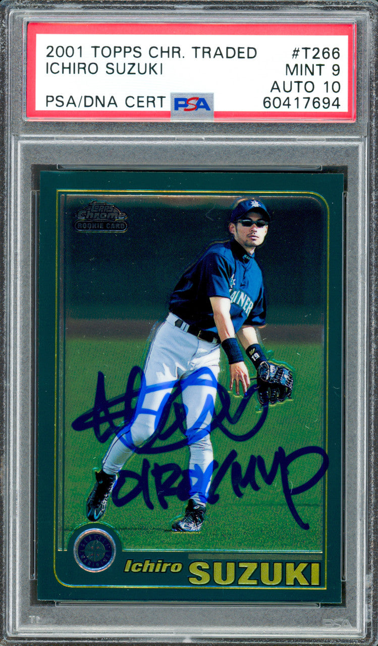 Ichiro Suzuki Autographed 2001 Topps Chrome Traded Rookie Card #T266 Seattle Mariners PSA 9 Auto Grade Gem Mint 10 "01 ROY/MVP" PSA/DNA #60417694