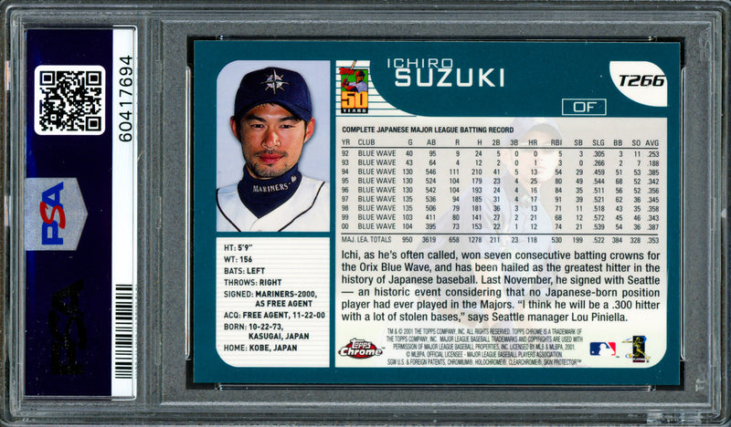 Ichiro Suzuki Autographed 2001 Topps Chrome Traded Rookie Card #T266 Seattle Mariners PSA 9 Auto Grade Gem Mint 10 "01 ROY/MVP" PSA/DNA #60417694