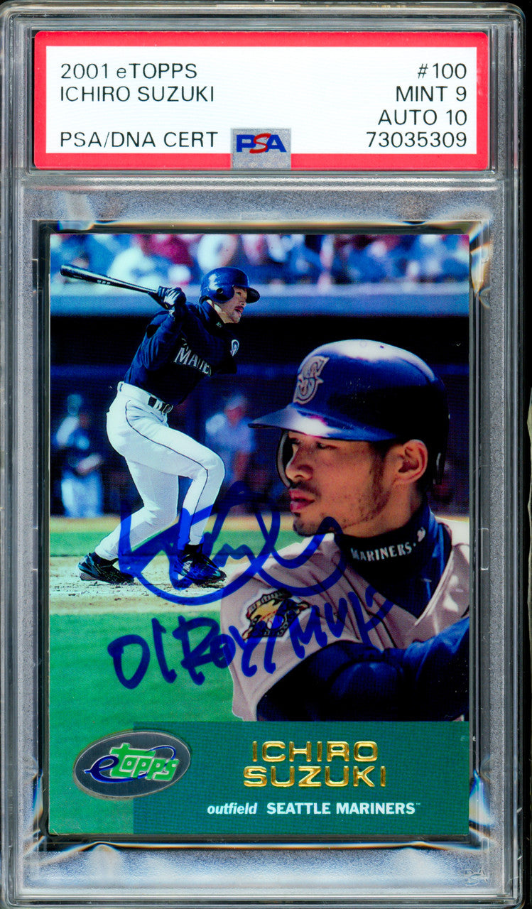 Ichiro Suzuki Autographed 2001 eTopps Rookie Card #100 Seattle Mariners PSA 9 Auto Grade Gem Mint 10 "01 ROY/MVP" PSA/DNA #73035309
