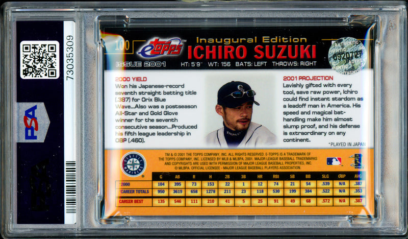 Ichiro Suzuki Autographed 2001 eTopps Rookie Card #100 Seattle Mariners PSA 9 Auto Grade Gem Mint 10 "01 ROY/MVP" PSA/DNA #73035309