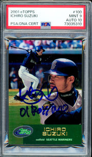 Ichiro Suzuki Autographed 2001 eTopps Rookie Card #100 Seattle Mariners PSA 9 Auto Grade Gem Mint 10 "01 ROY/MVP" PSA/DNA #73035310