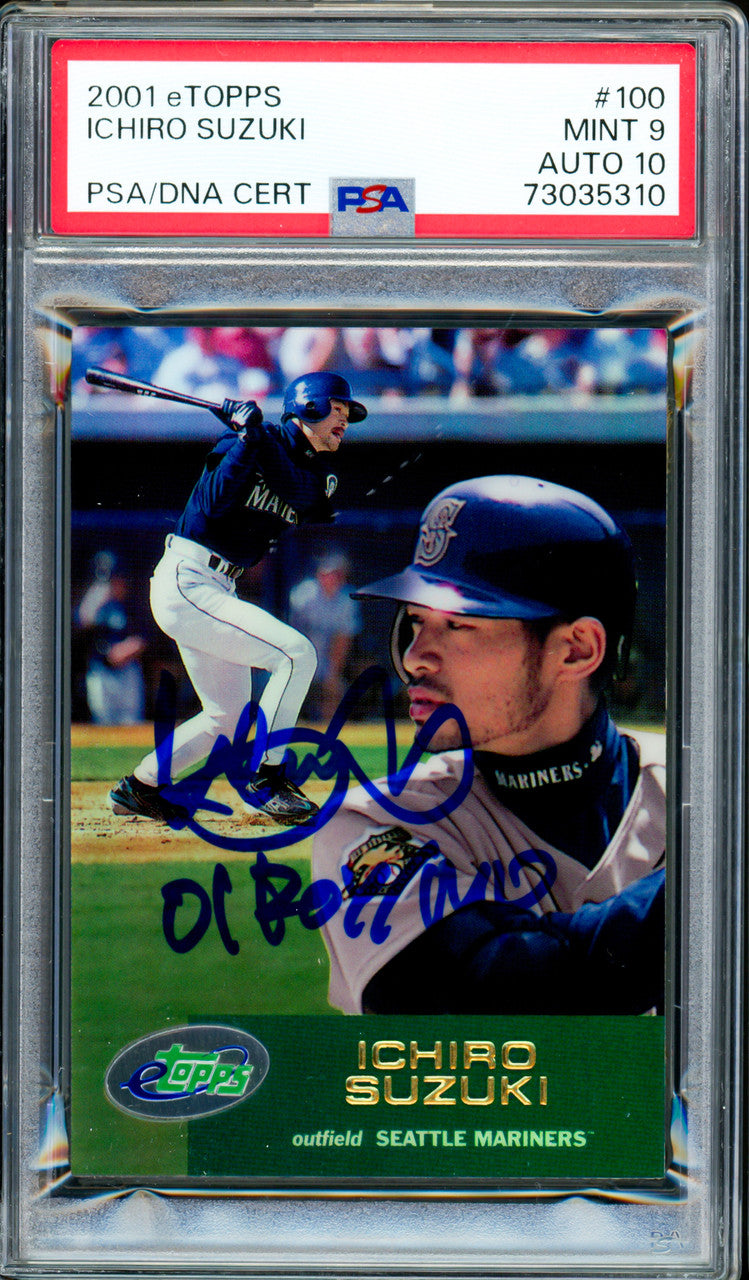 Ichiro Suzuki Autographed 2001 eTopps Rookie Card #100 Seattle Mariners PSA 9 Auto Grade Gem Mint 10 "01 ROY/MVP" PSA/DNA #73035310