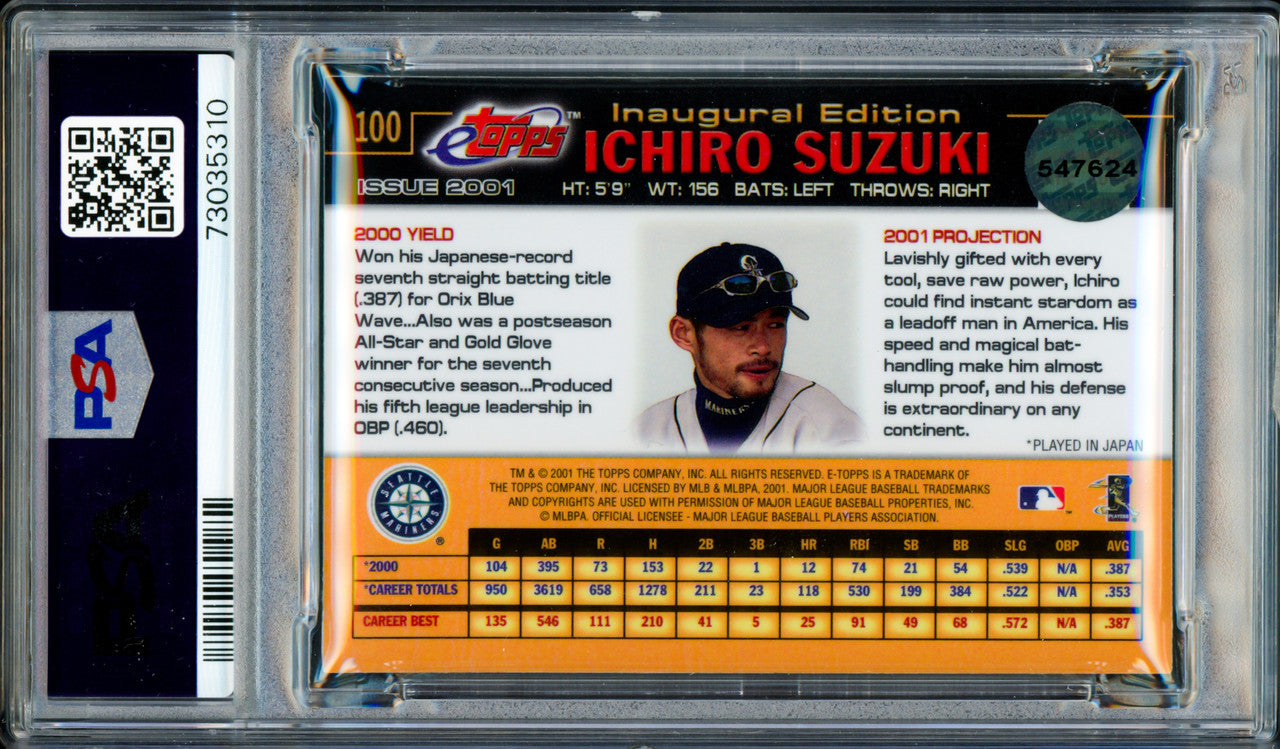 Ichiro Suzuki Autographed 2001 eTopps Rookie Card #100 Seattle Mariners PSA 9 Auto Grade Gem Mint 10 "01 ROY/MVP" PSA/DNA #73035310