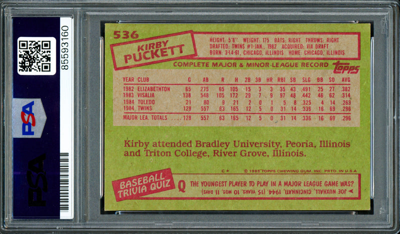 Kirby Puckett Autographed 1985 Topps Rookie Card #536 Minnesota Twins Vintage Signature PSA/DNA #85593160