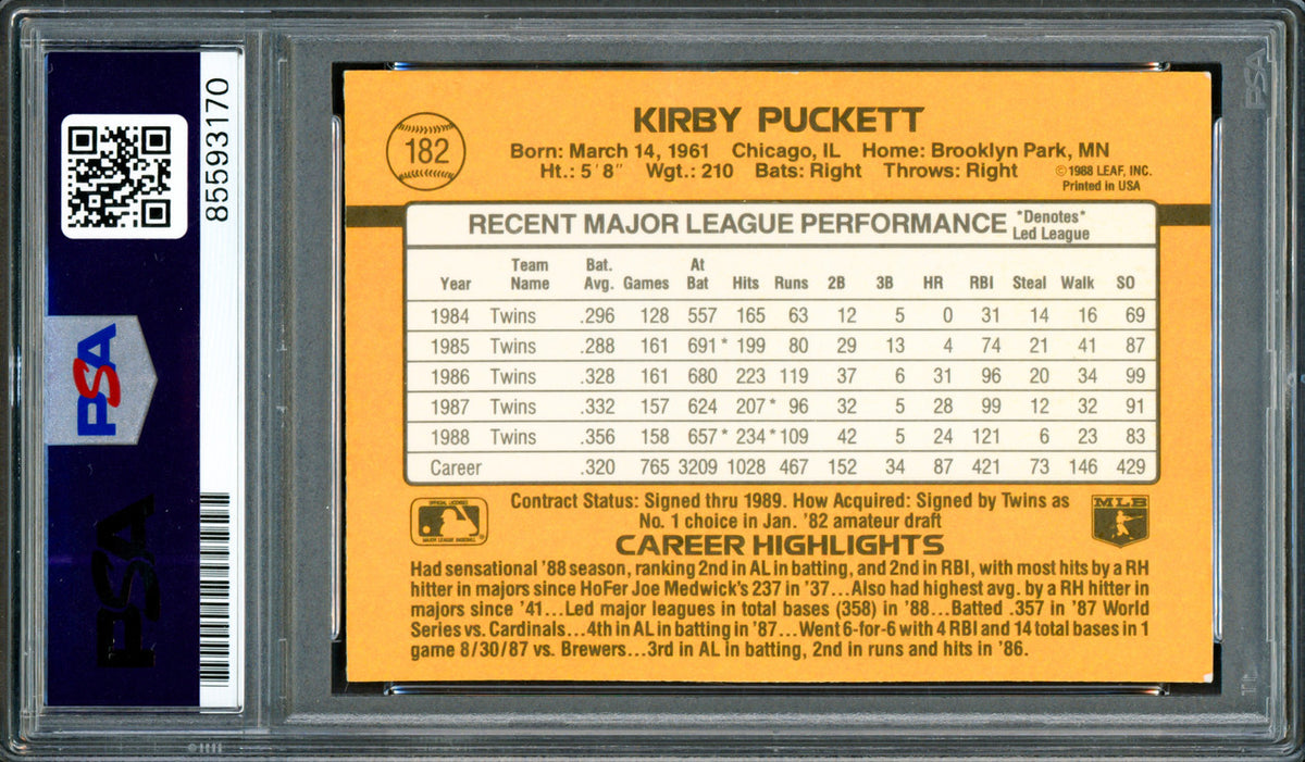 Kirby Puckett Autographed 1989 Donruss Card #182 Minnesota Twins PSA/DNA #85593170