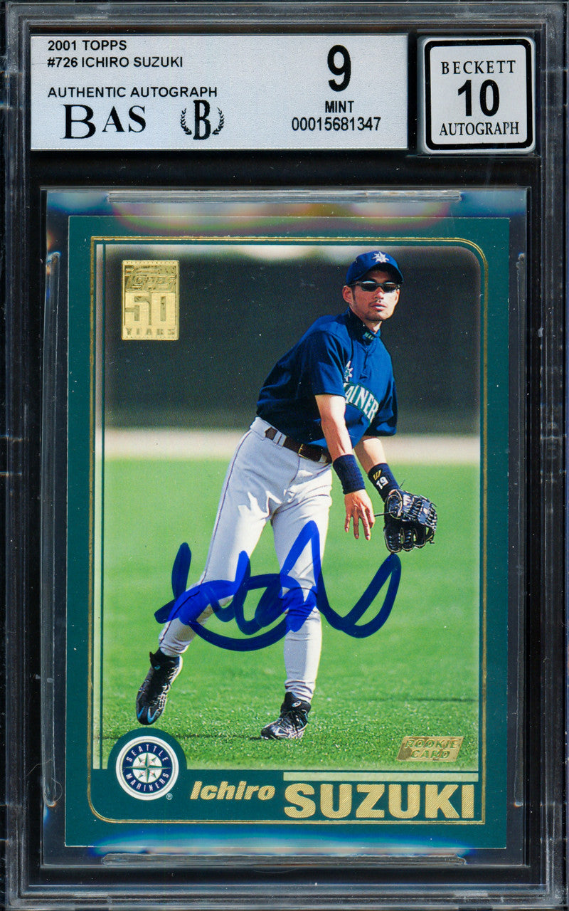Ichiro Suzuki Autographed 2001 Topps Rookie Card #726 Seattle Mariners BGS 9 Auto Grade Gem Mint 10 Beckett BAS #15681347