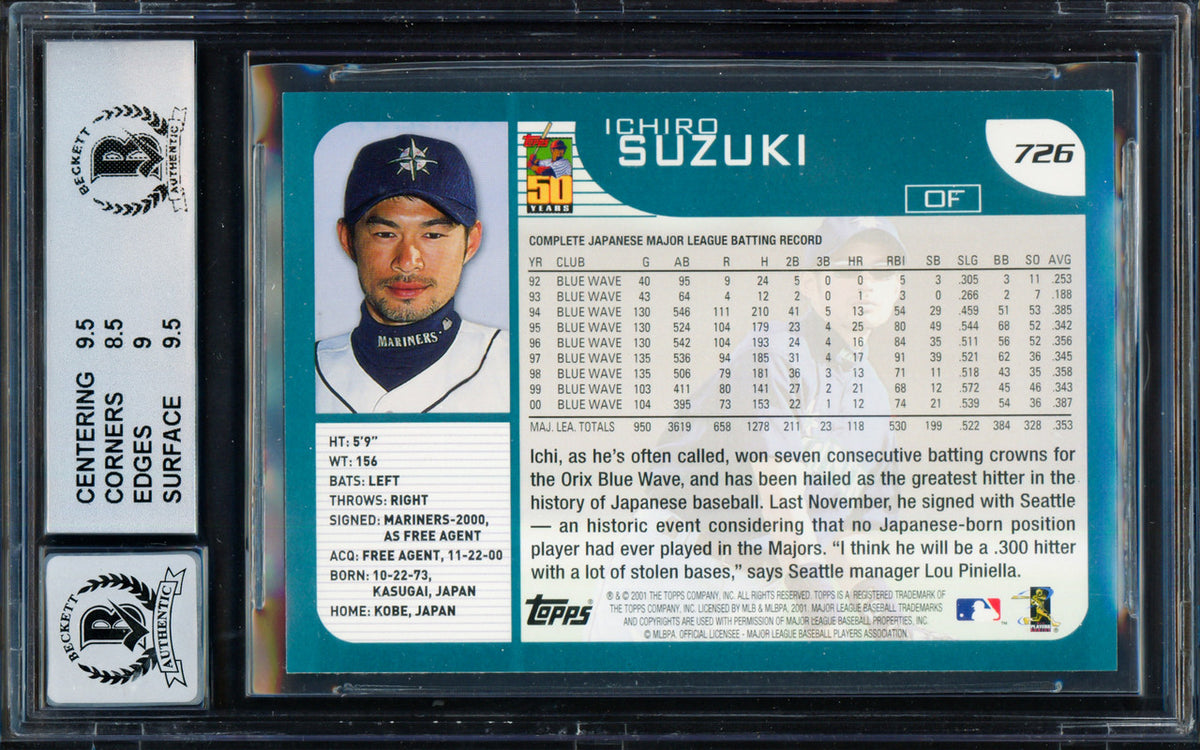 Ichiro Suzuki Autographed 2001 Topps Rookie Card #726 Seattle Mariners BGS 9 Auto Grade Gem Mint 10 Beckett BAS #15681347