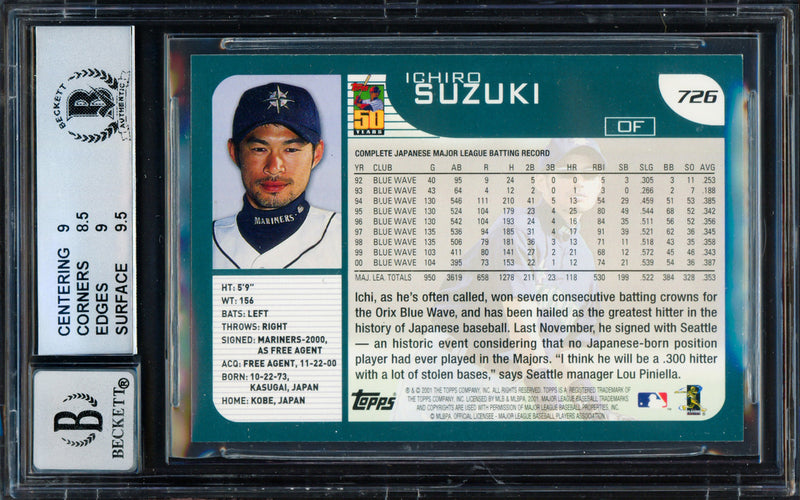 Ichiro Suzuki Autographed 2001 Topps Rookie Card #726 Seattle Mariners BGS 9 Auto Grade Gem Mint 10 Beckett BAS #15681332