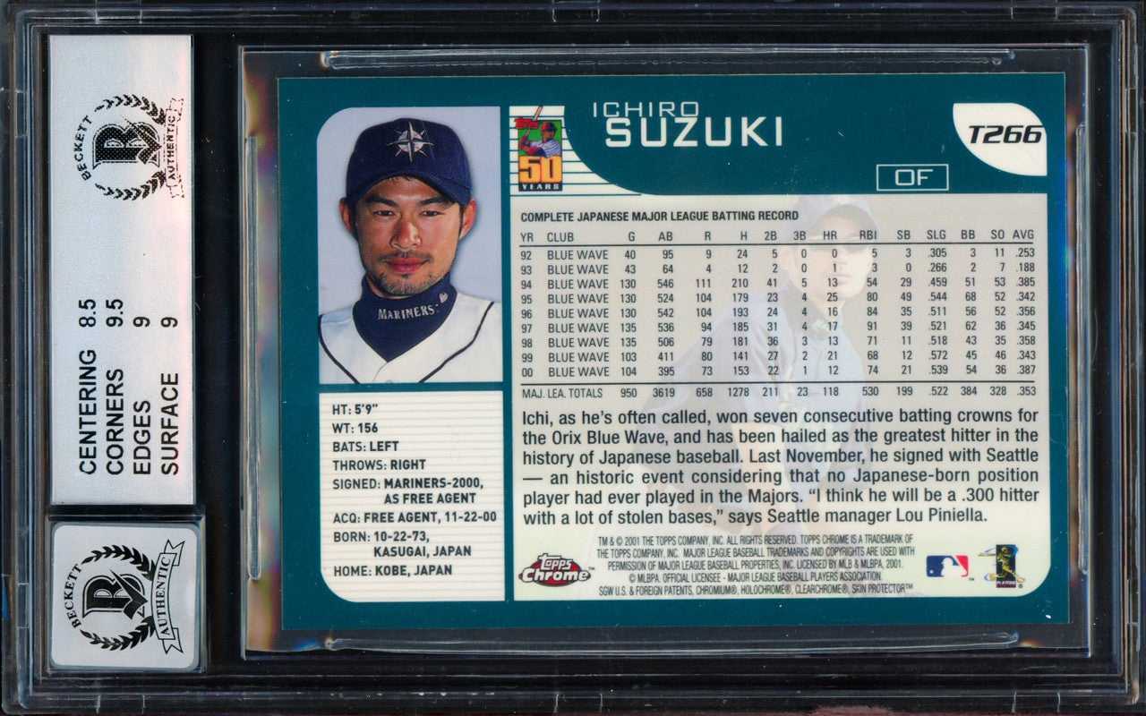 Ichiro Suzuki Autographed 2001 Topps Chrome Traded Rookie Card #T266 Seattle Mariners BGS 9 Auto Grade Gem Mint 10 Beckett BAS #15681666
