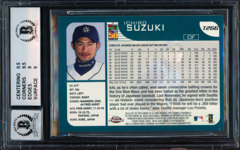 Ichiro Suzuki Autographed 2001 Topps Chrome Traded Rookie Card #T266 Seattle Mariners BGS 9 Auto Grade Gem Mint 10 Beckett BAS #15681666