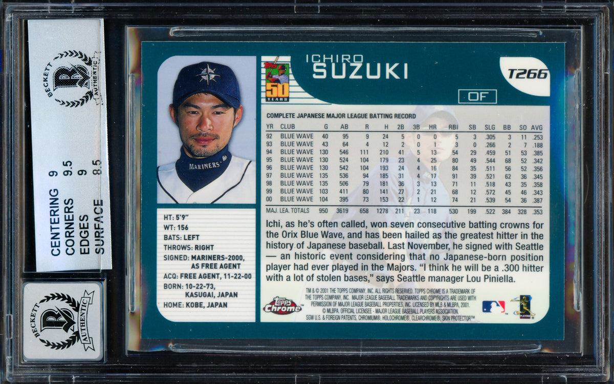 Ichiro Suzuki Autographed 2001 Topps Chrome Traded Rookie Card #T266 Seattle Mariners BGS 9 Auto Grade Gem Mint 10 Beckett BAS #15681670