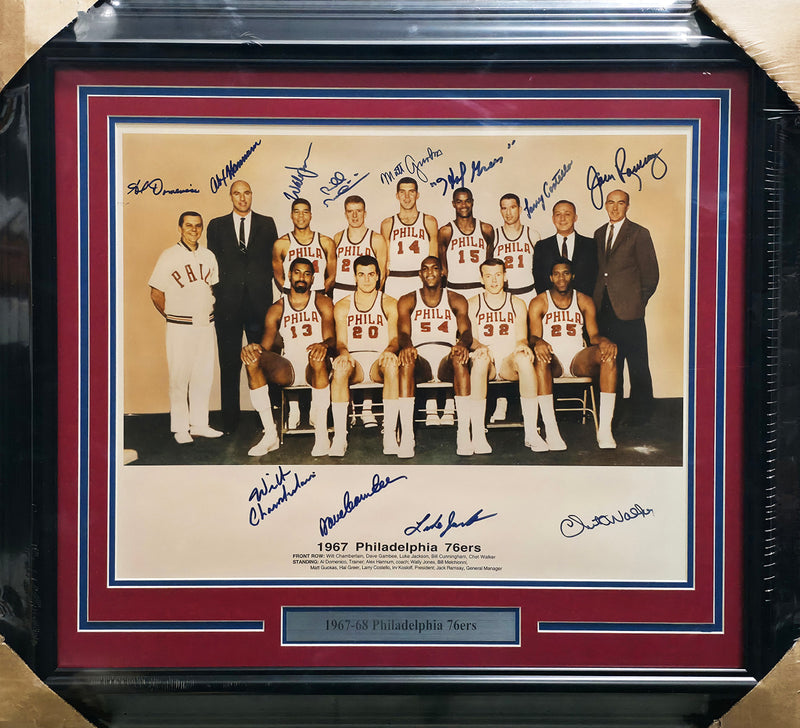 1967-68 Philadelphia 76ers Team Autographed Framed 16x20 Photo With 12 Signatures Including Wilt Chamberlain PSA/DNA #AI02736