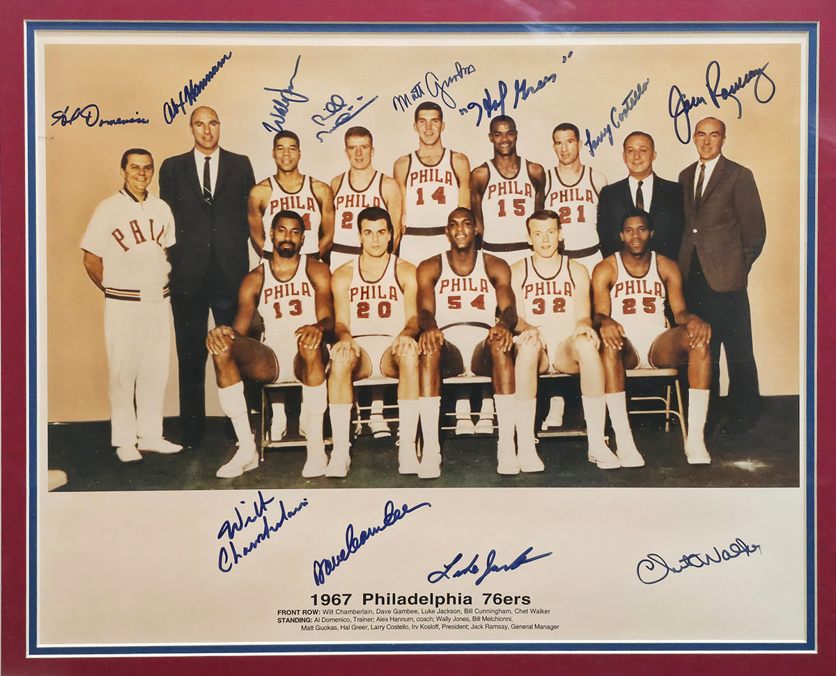 1967-68 Philadelphia 76ers Team Autographed Framed 16x20 Photo With 12 Signatures Including Wilt Chamberlain PSA/DNA #AI02736