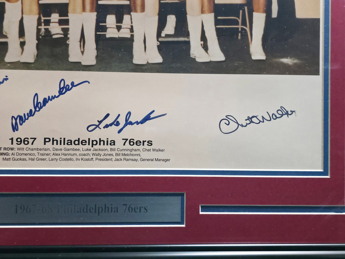 1967-68 Philadelphia 76ers Team Autographed Framed 16x20 Photo With 12 Signatures Including Wilt Chamberlain PSA/DNA #AI02736