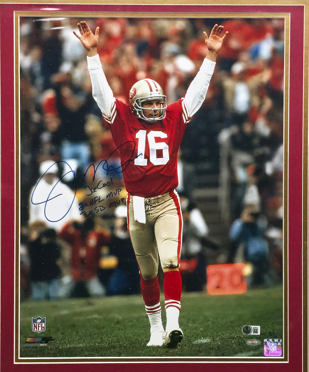 Joe Montana Autographed Framed 16x20 Photo San Francisco 49ers "Joe Cool, 2x NFL MVP & 3x SB MVP" Beckett BAS QR #BU86709