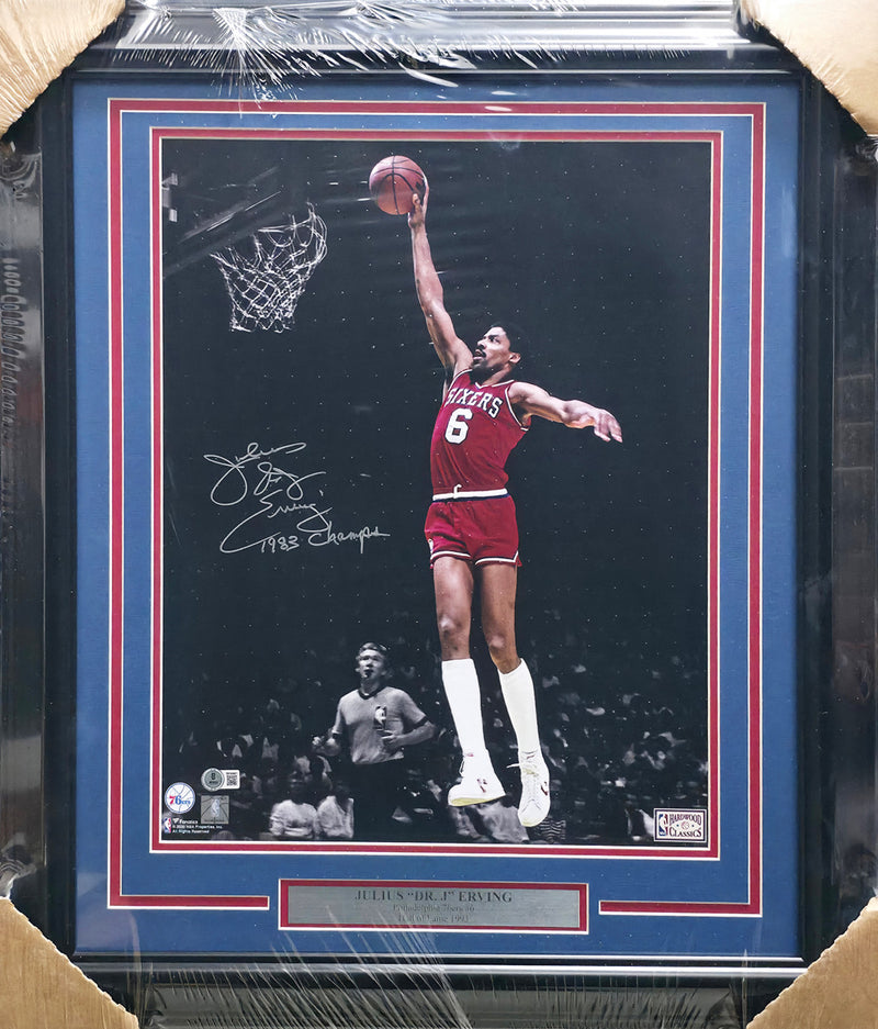 Julius "Dr. J" Erving Autographed Framed 16x20 Photo Philadelphia 76ers "1983 Champs" Beckett BAS Witness #3W344681