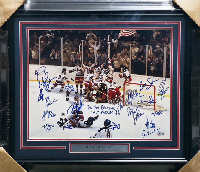1980 Team USA Autographed Framed 16x20 Photo "Do You Believe In Miracles?!" With 19 Signatures Including Mike Eruzione Beckett BAS Witness #W354073