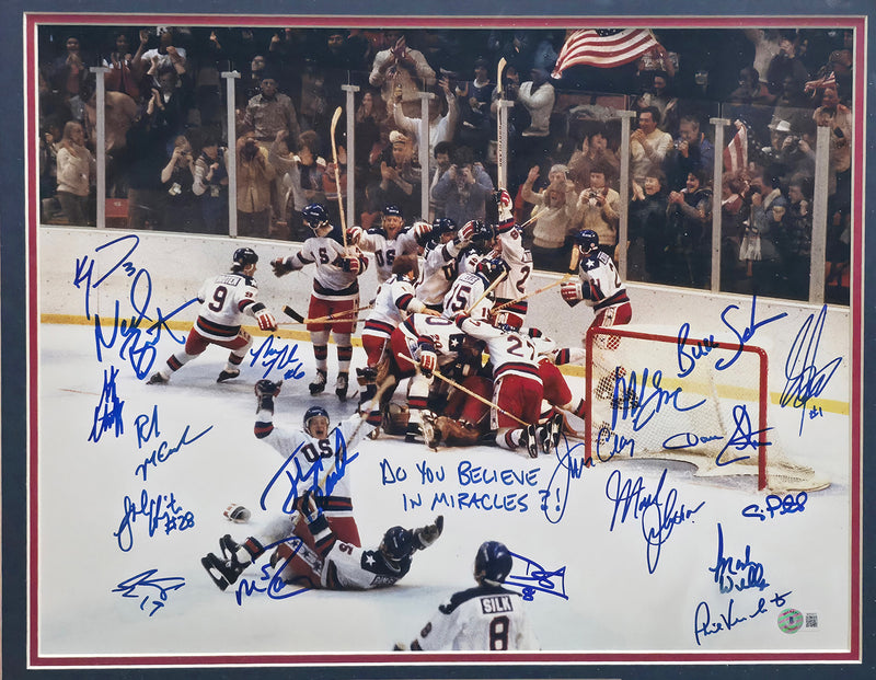 1980 Team USA Autographed Framed 16x20 Photo "Do You Believe In Miracles?!" With 19 Signatures Including Mike Eruzione Beckett BAS Witness #W354073