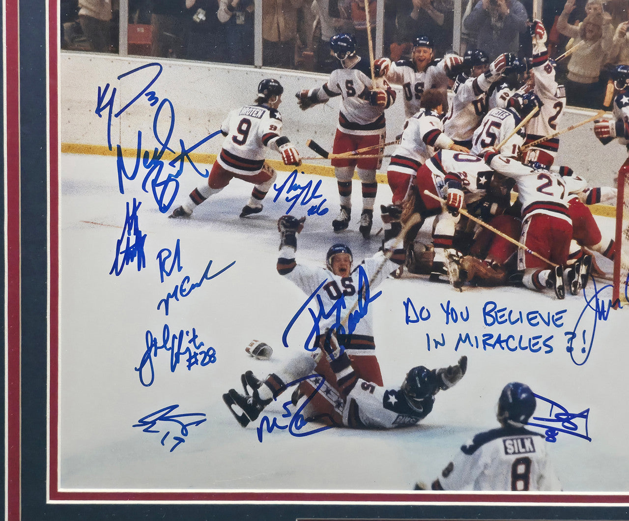 1980 Team USA Autographed Framed 16x20 Photo "Do You Believe In Miracles?!" With 19 Signatures Including Mike Eruzione Beckett BAS Witness #W354073