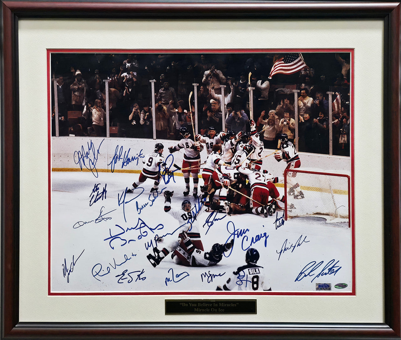 1980 Team USA Miracle On Ice Autographed Framed 16x20 Photo With 20 Signatures Including Herb Brooks Beckett BAS #AE49040