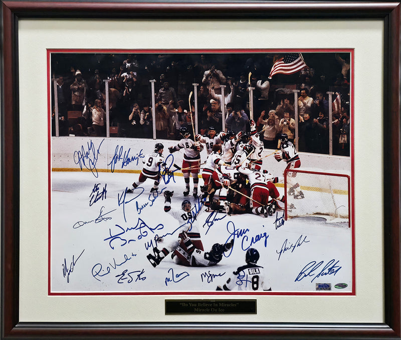 1980 Team USA Miracle On Ice Autographed Framed 16x20 Photo With 20 Signatures Including Herb Brooks Beckett BAS #AE49040