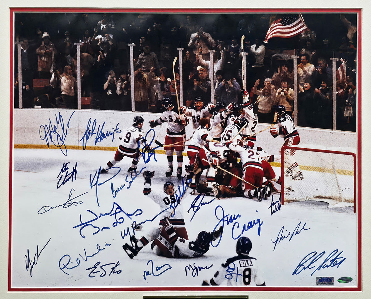 1980 Team USA Miracle On Ice Autographed Framed 16x20 Photo With 20 Signatures Including Herb Brooks Beckett BAS #AE49040