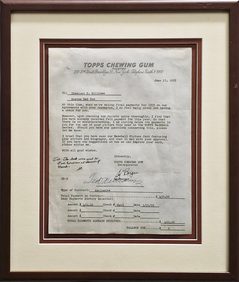 Ted Williams Autographed Framed 1955 Topps Contract Boston Red Sox With Sy Berger PSA/DNA #AO09942