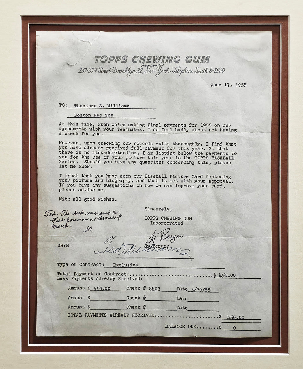 Ted Williams Autographed Framed 1955 Topps Contract Boston Red Sox With Sy Berger PSA/DNA #AO09942