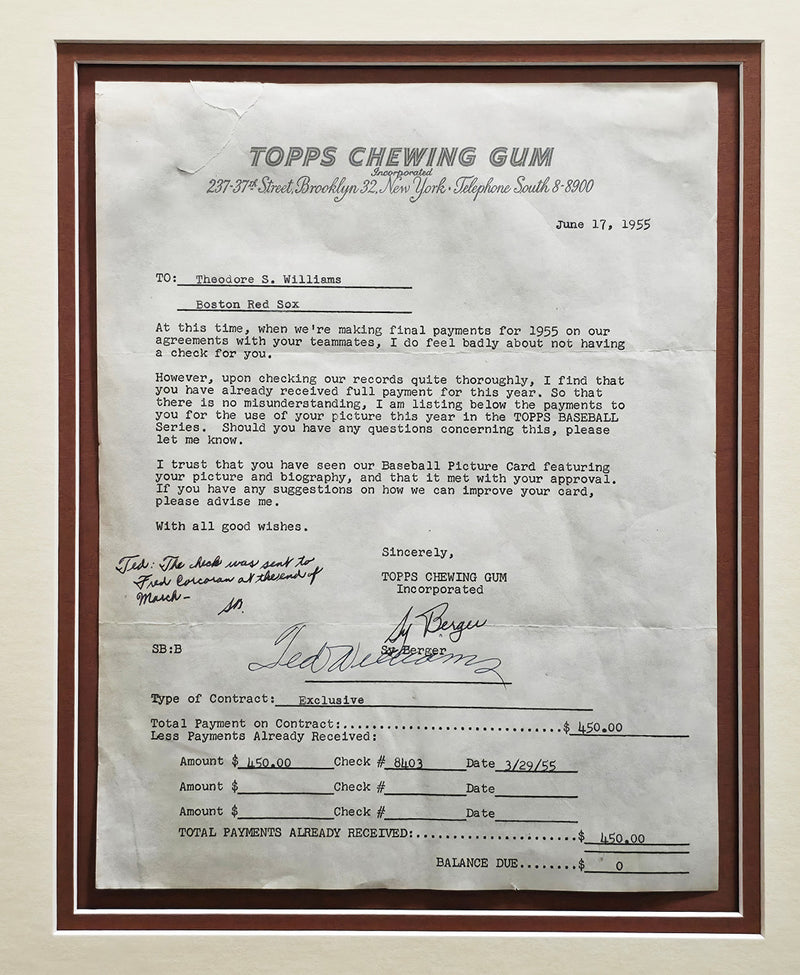 Ted Williams Autographed Framed 1955 Topps Contract Boston Red Sox With Sy Berger PSA/DNA #AO09942