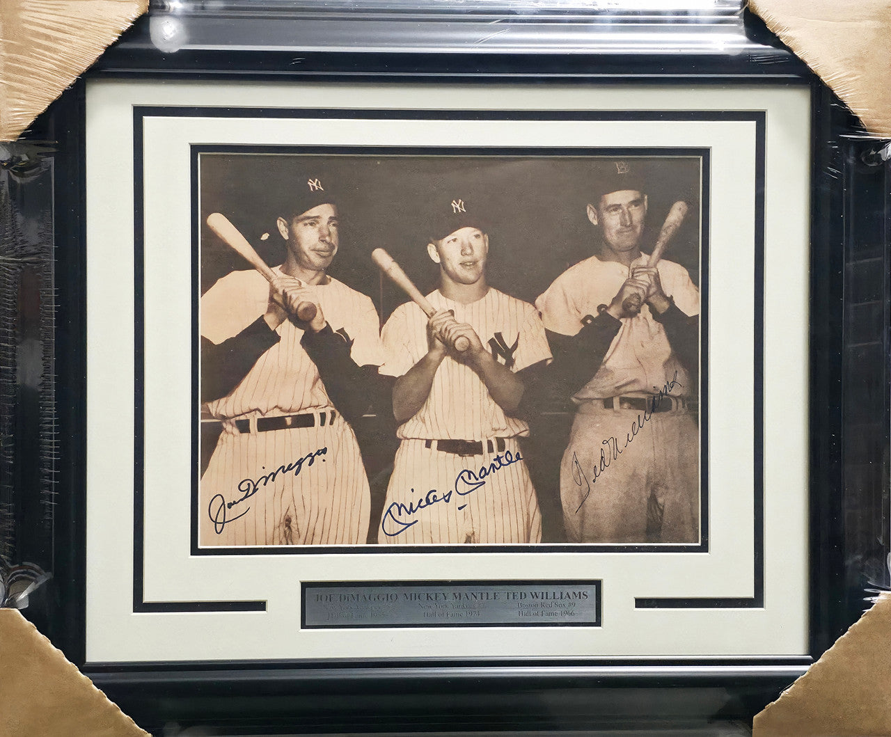 Mickey Mantle, Ted Williams & Joe DiMaggio Autographed Framed 11x14 Photo Beckett BAS #AE65547