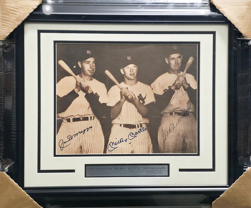 Mickey Mantle, Ted Williams & Joe DiMaggio Autographed Framed 11x14 Photo Beckett BAS #AE65547