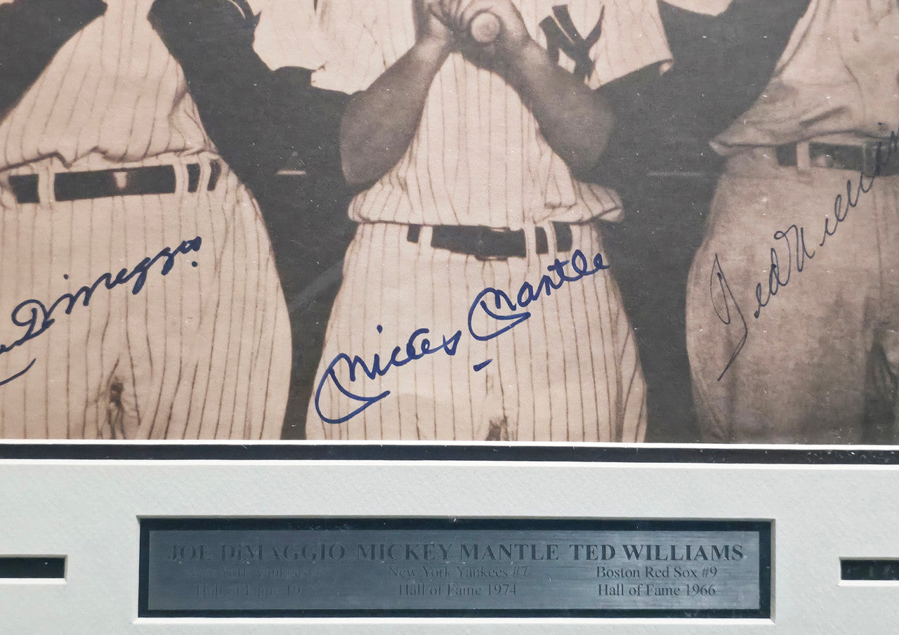 Mickey Mantle, Ted Williams & Joe DiMaggio Autographed Framed 11x14 Photo Beckett BAS #AE65547