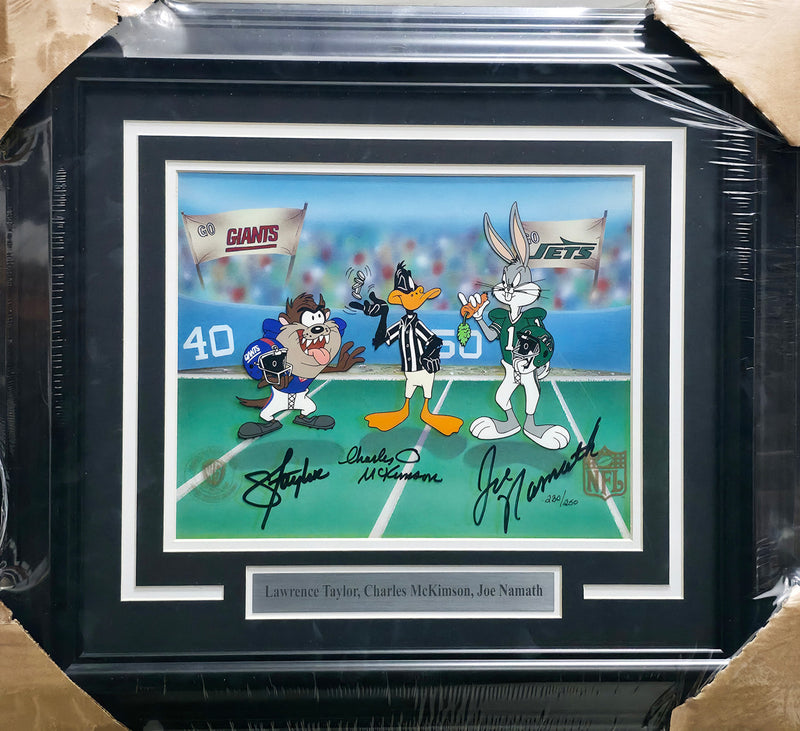 Lawrence Taylor, Joe Namath & Charles McKimson Autographed Framed 10x12 Photo Looney Tunes #230/250 JSA #X51365