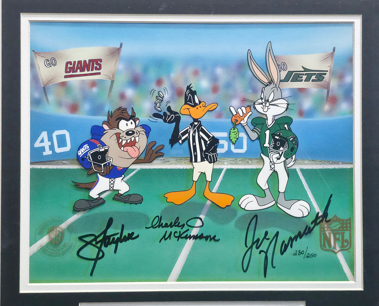 Lawrence Taylor, Joe Namath & Charles McKimson Autographed Framed 10x12 Photo Looney Tunes #230/250 JSA #X51365