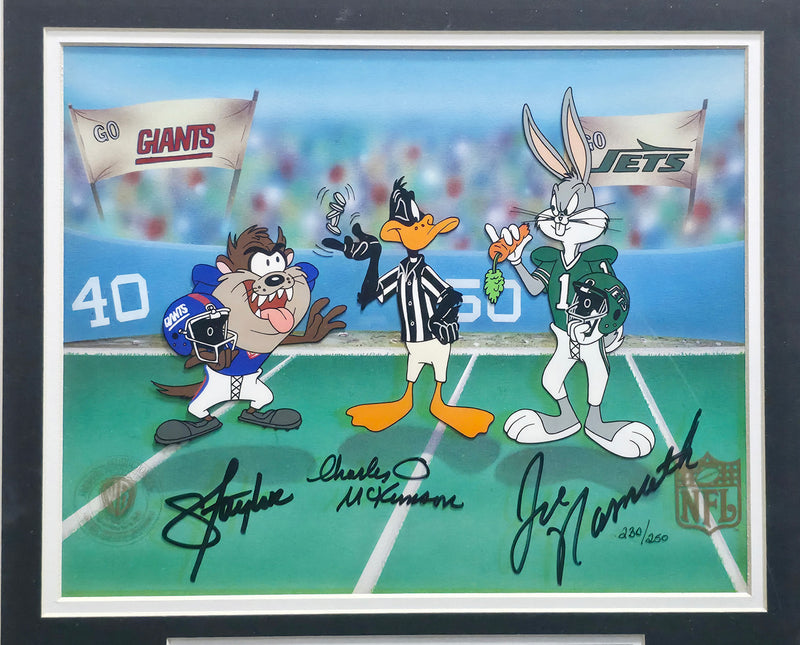 Lawrence Taylor, Joe Namath & Charles McKimson Autographed Framed 10x12 Photo Looney Tunes #230/250 JSA #X51365
