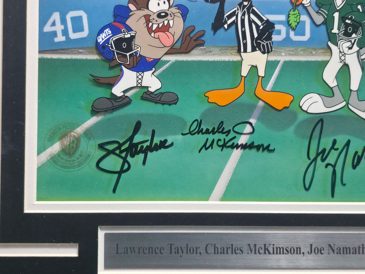 Lawrence Taylor, Joe Namath & Charles McKimson Autographed Framed 10x12 Photo Looney Tunes #230/250 JSA #X51365