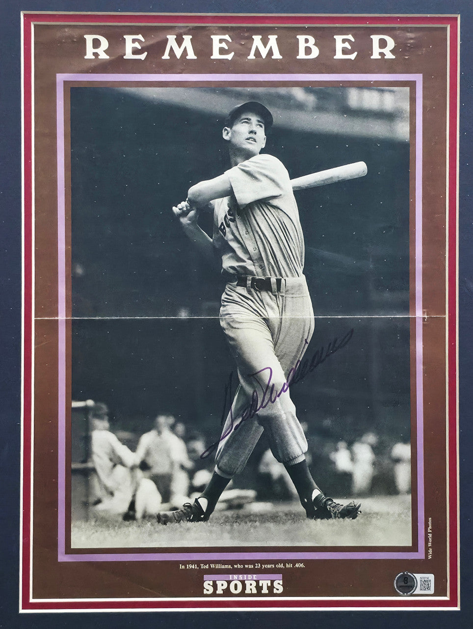 Ted Williams Autographed Framed 12x15 Poster Boston Red Sox Beckett BAS #AE50742