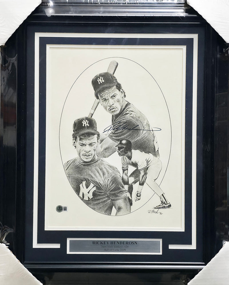 Rickey Henderson Autographed Framed 12x16 Lithograph Photo New York Yankees Beckett BAS QR #BR49989