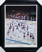 1980 Team USA Autographed Framed 24x32 Lithograph Photo "Do You Believe In Miracles?!" With 20 Signatures Including Herb Brooks #2/6 Beckett BAS #AC40046