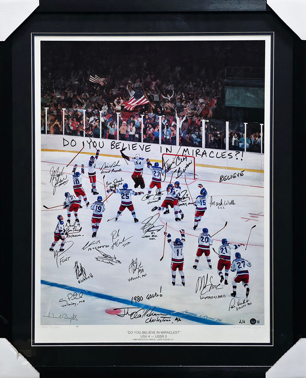 1980 Team USA Autographed Framed 24x32 Lithograph Photo "Do You Believe In Miracles?!" With 20 Signatures Including Herb Brooks #2/6 Beckett BAS #AC40046