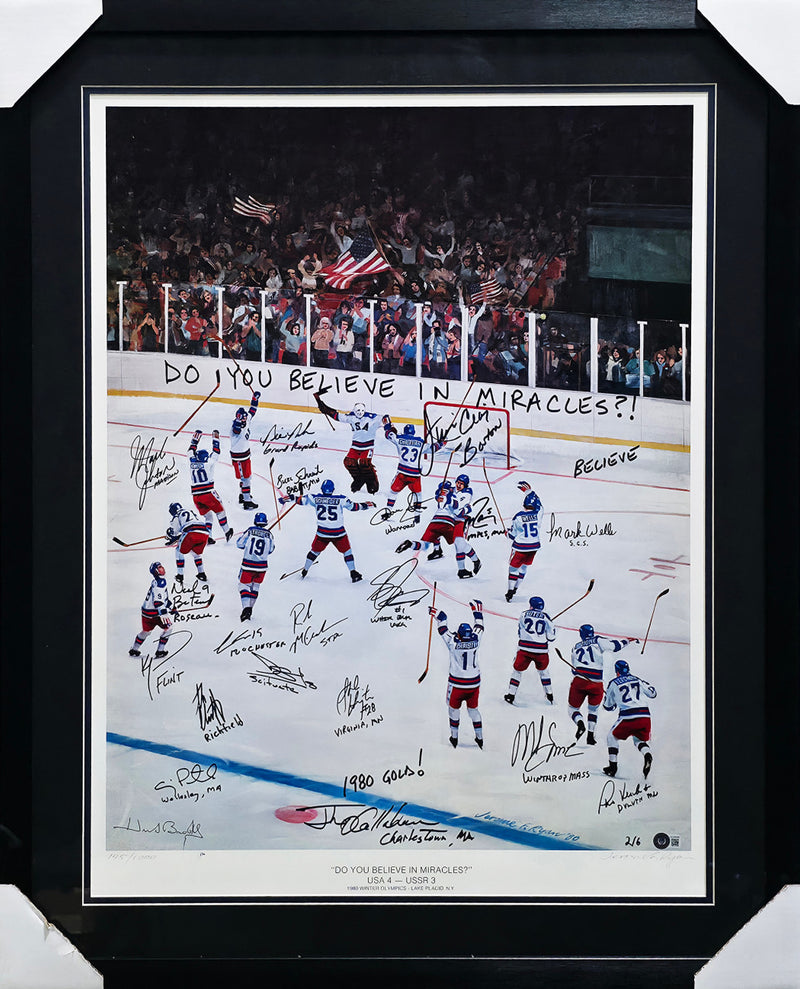 1980 Team USA Autographed Framed 24x32 Lithograph Photo "Do You Believe In Miracles?!" With 20 Signatures Including Herb Brooks #2/6 Beckett BAS #AC40046