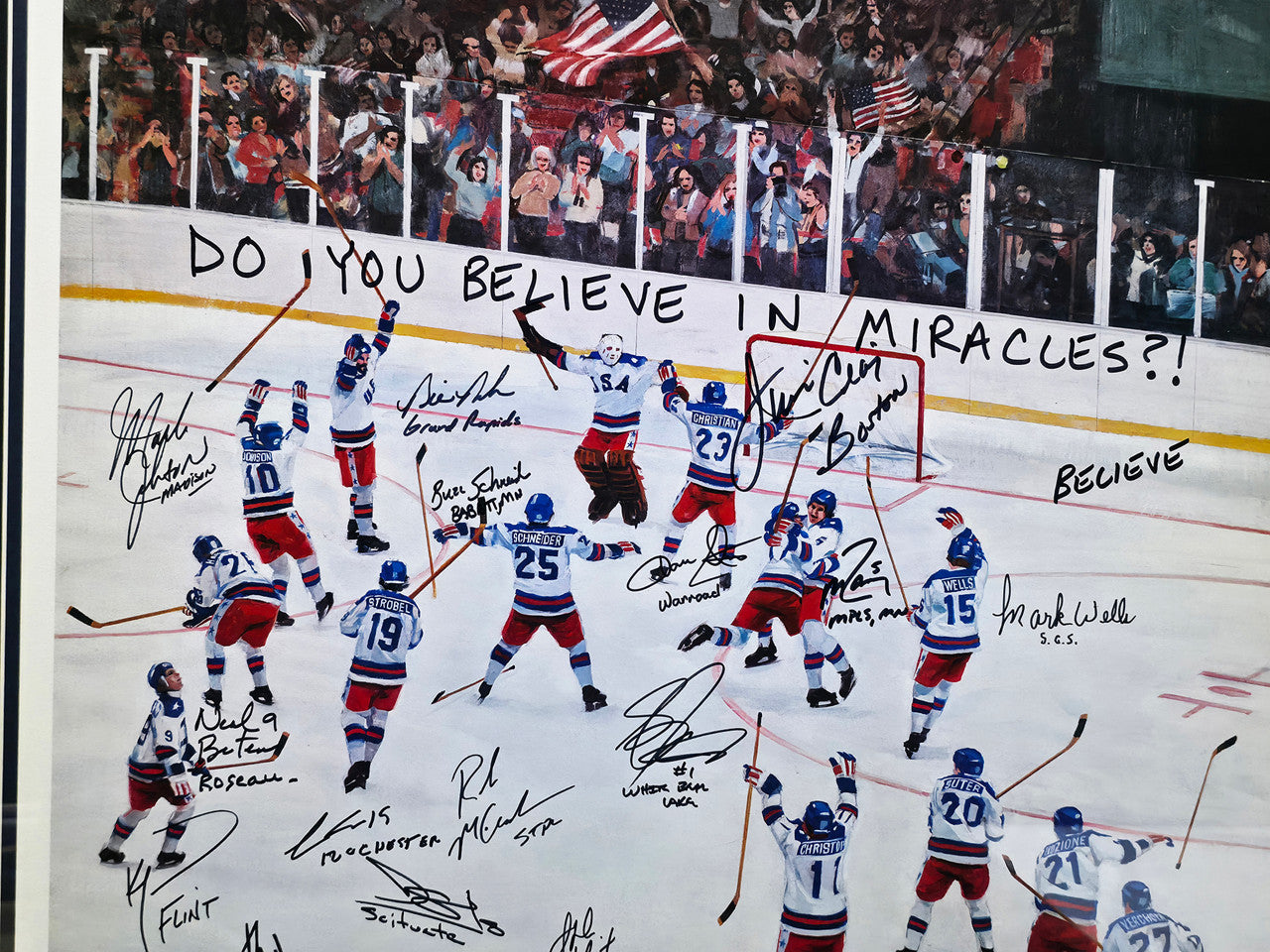 1980 Team USA Autographed Framed 24x32 Lithograph Photo "Do You Believe In Miracles?!" With 20 Signatures Including Herb Brooks #2/6 Beckett BAS #AC40046
