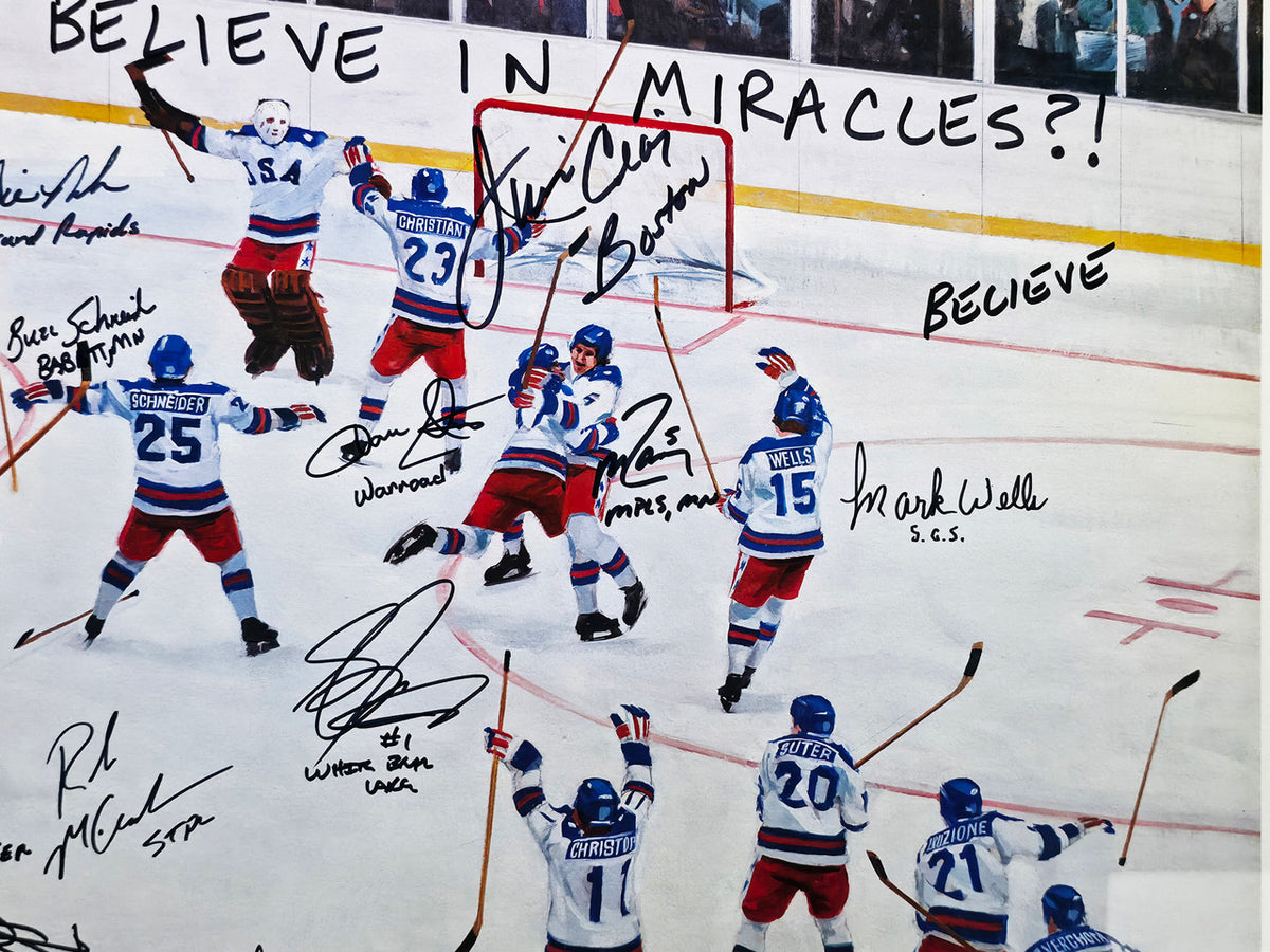 1980 Team USA Autographed Framed 24x32 Lithograph Photo "Do You Believe In Miracles?!" With 20 Signatures Including Herb Brooks #2/6 Beckett BAS #AC40046