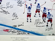 1980 Team USA Autographed Framed 24x32 Lithograph Photo "Do You Believe In Miracles?!" With 20 Signatures Including Herb Brooks #2/6 Beckett BAS #AC40046